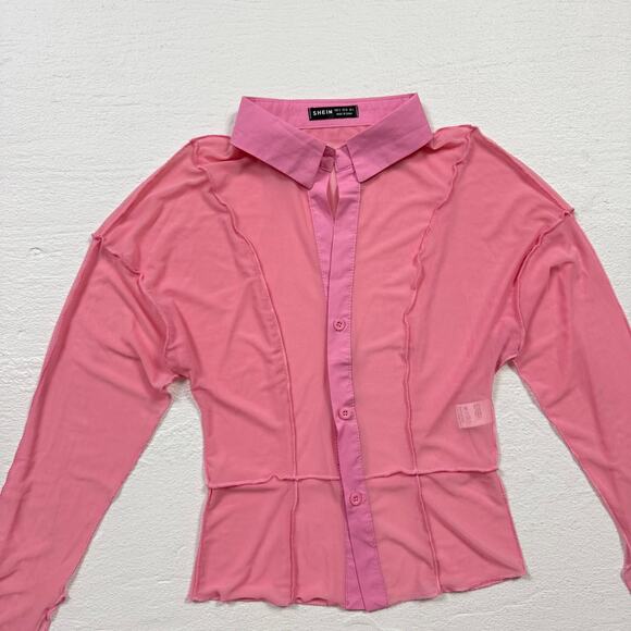 Shein Mesh Patchwork Button Up Pink Long Sleeve Top, Size Small - Picture 2 of 7